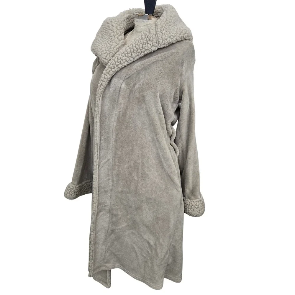 Pottery Barn S Plush Fleece Sherpa Lined Hooded Robe Gray MISSING BELT‎